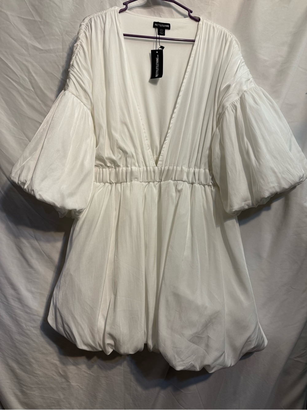 Petite Studio White Plunging V-Neck Puff Sleeve Midi Dress